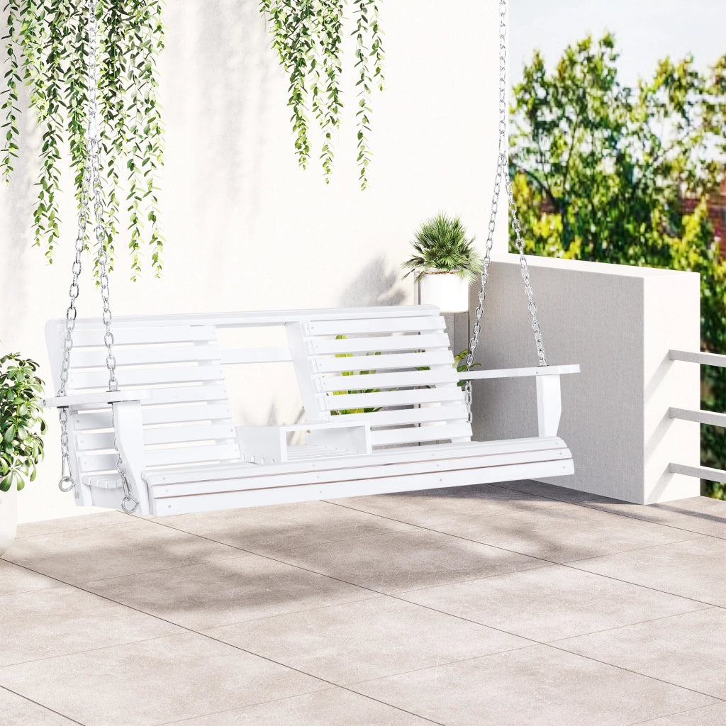 Dondolo 3 Posti da Esterno con Tavolino Centrale e Portabicchieri, in Legno e Metallo, 150x75x53 cm, Bianco