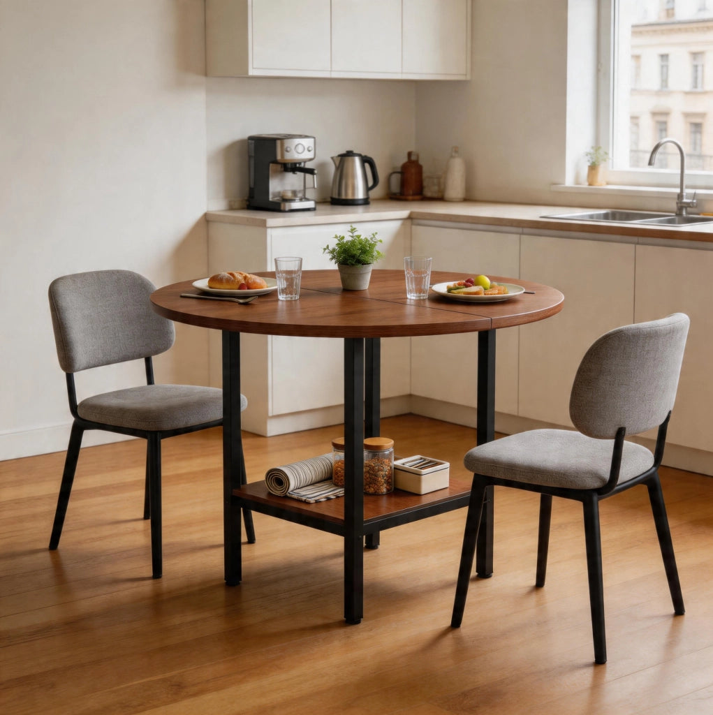 Tavolo da pranzo rotondo Ø100 cm con ripiano, finitura noce