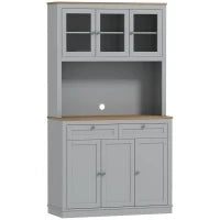 Armadio Dispensa da Cucina con 3 Porte in Vetro, Compartimento Aperto, 2 Cassetti e Scaffali Regolabili 100x40x180 cm Grigio