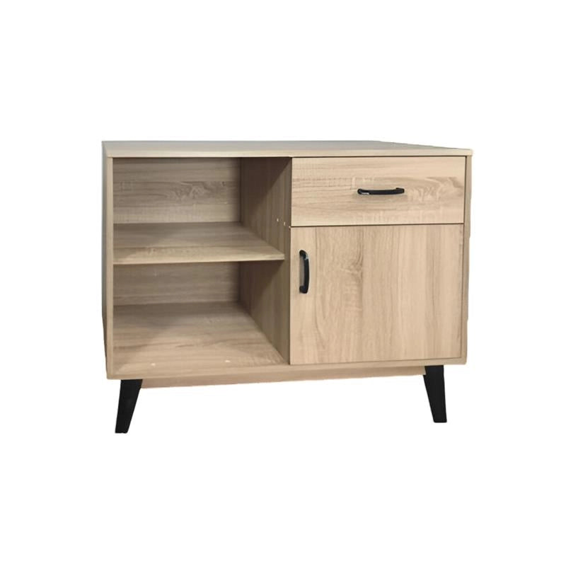 MOBILE MODERNO IN LEGNO CON 2 RIPIANI, 1 ANTA E CASSETTO COLORE ROVERE DIMENSIONI 94X38X74 CM