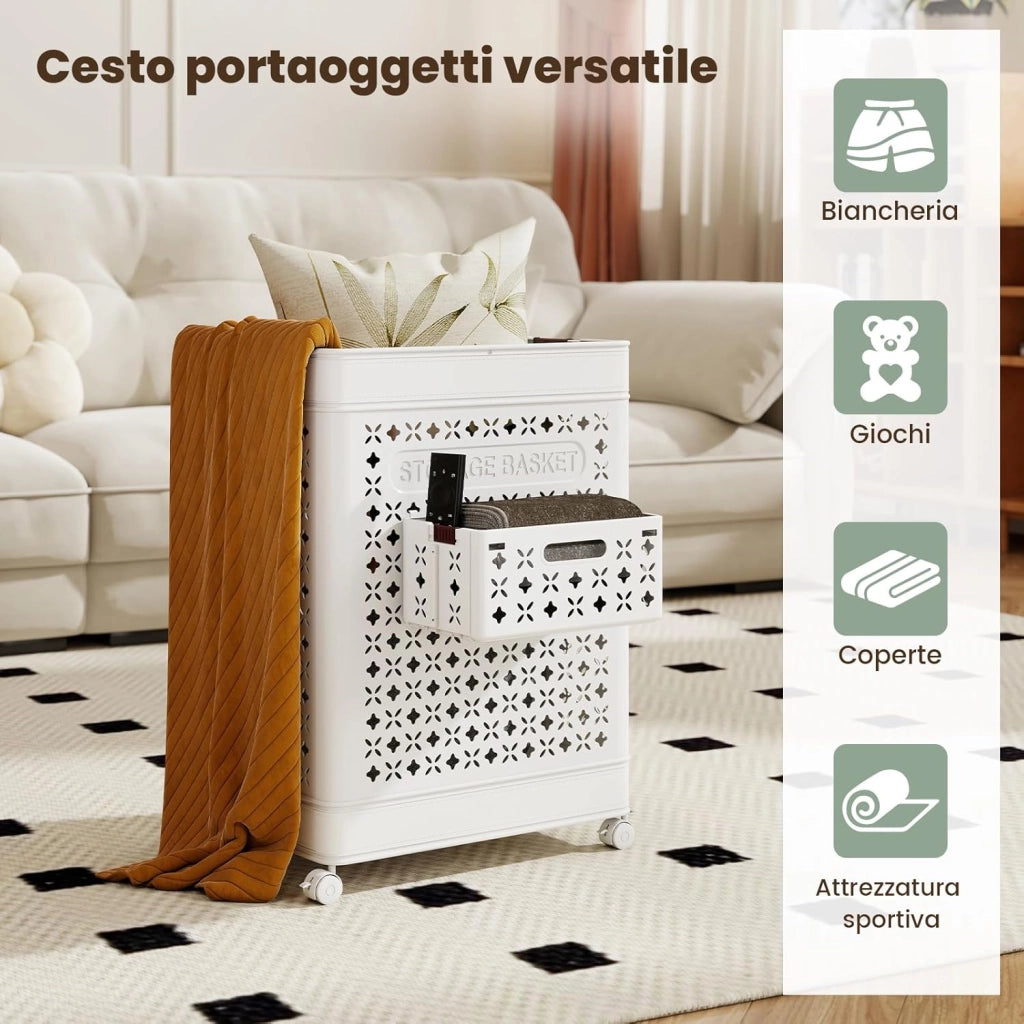 Cesto Portabiancheria Grande 75 L, Cesto in Plastica 43,5 x 34 x 61 cm con 4 Ruote e Cestino per Biancheria Intima e Maniglie, Borsa da Bucato, Bianco