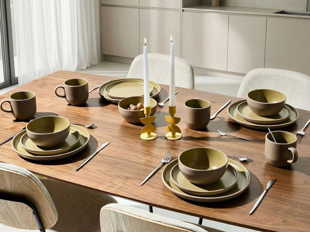 Servizio da tavola 16 pezzi in gres beige e blu elegante per cucina e sala da pranzo con finitura smaltata colorata per 4 persone