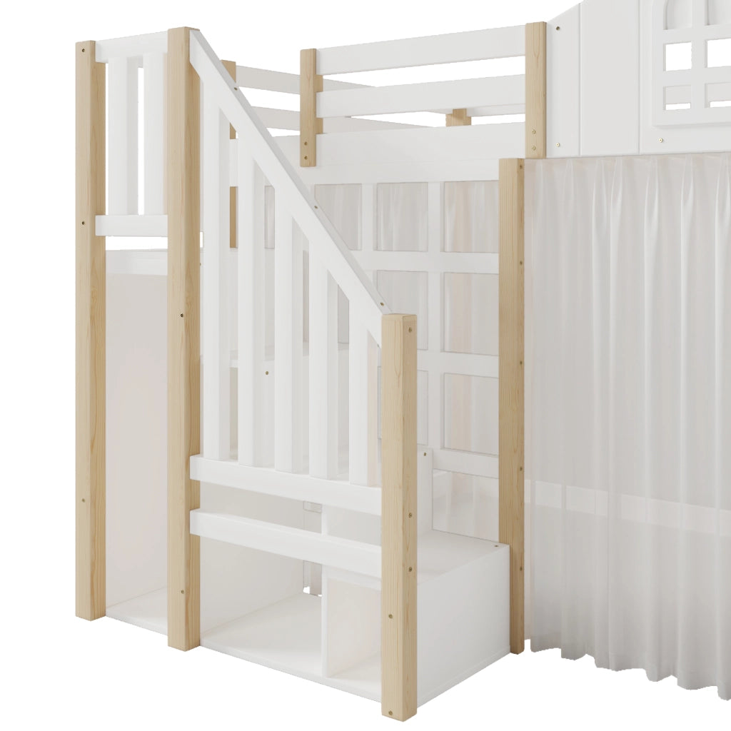 LETTO A SOPPALCO 140x200 cm con luci LED, scala contenitore, Bianco/Naturale