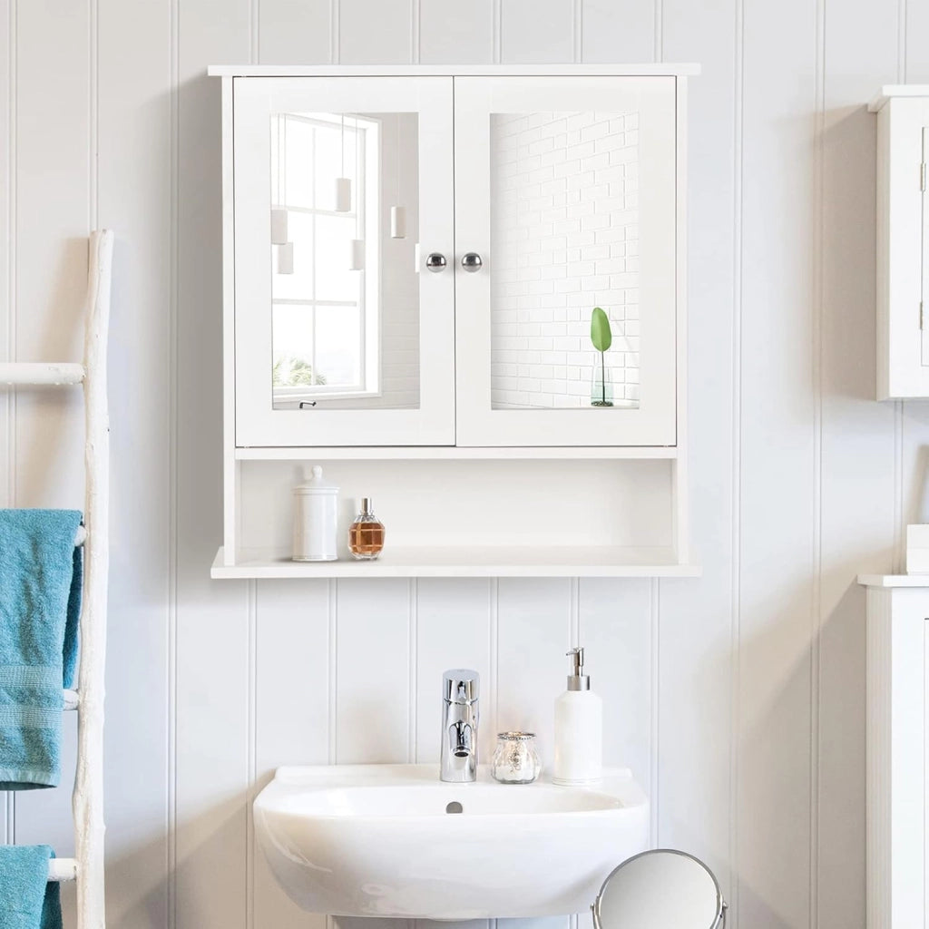 Armadio pensile con specchio, a due porte, con ripiano regolabile, 3 ripiani, 56,5 x 13,5 x 58,5 cm, bianco