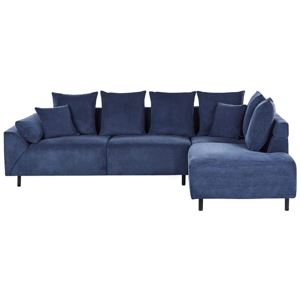 Divano ad angolo in velluto a coste blu e gambe in metallo design retrò stile moderno