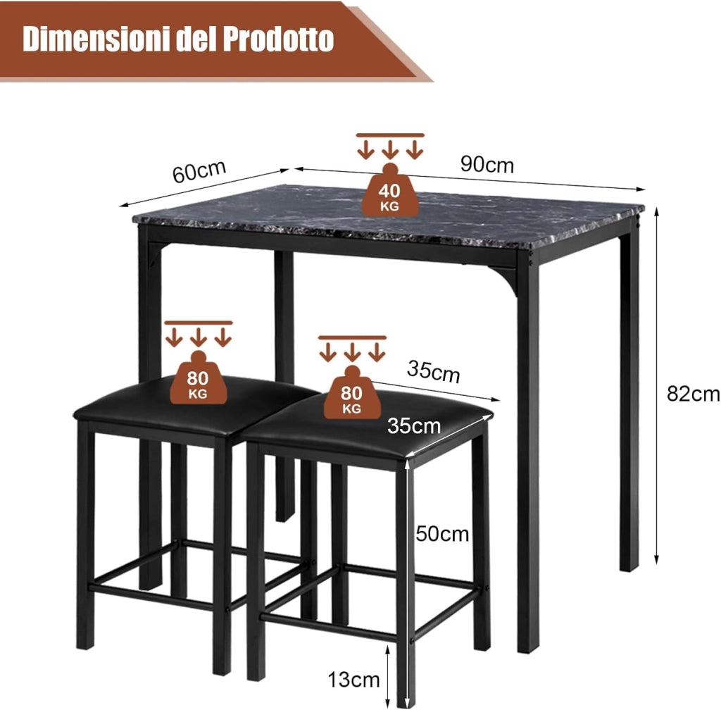 Tavolo Cucina con 2 Sgabelli, Tavolo Alto con 2 Sgabelli Senza Schienale in Similpelle da Cucina, Sala da Pranzo e Soggiorno, Tavolo Bar con Sgabelli Moderno per Spazi Piccoli (Nero)