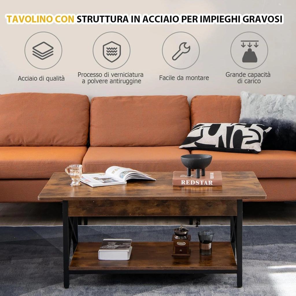 Tavolino da Salotto 2 Livelli, Tavolino da caffè Industriale con Struttura in Metallo a Forma di X, Tavolino Rettangolare per Soggiorno, Studio e Ufficio, 60 x 110 x 48 cm (Marrone)