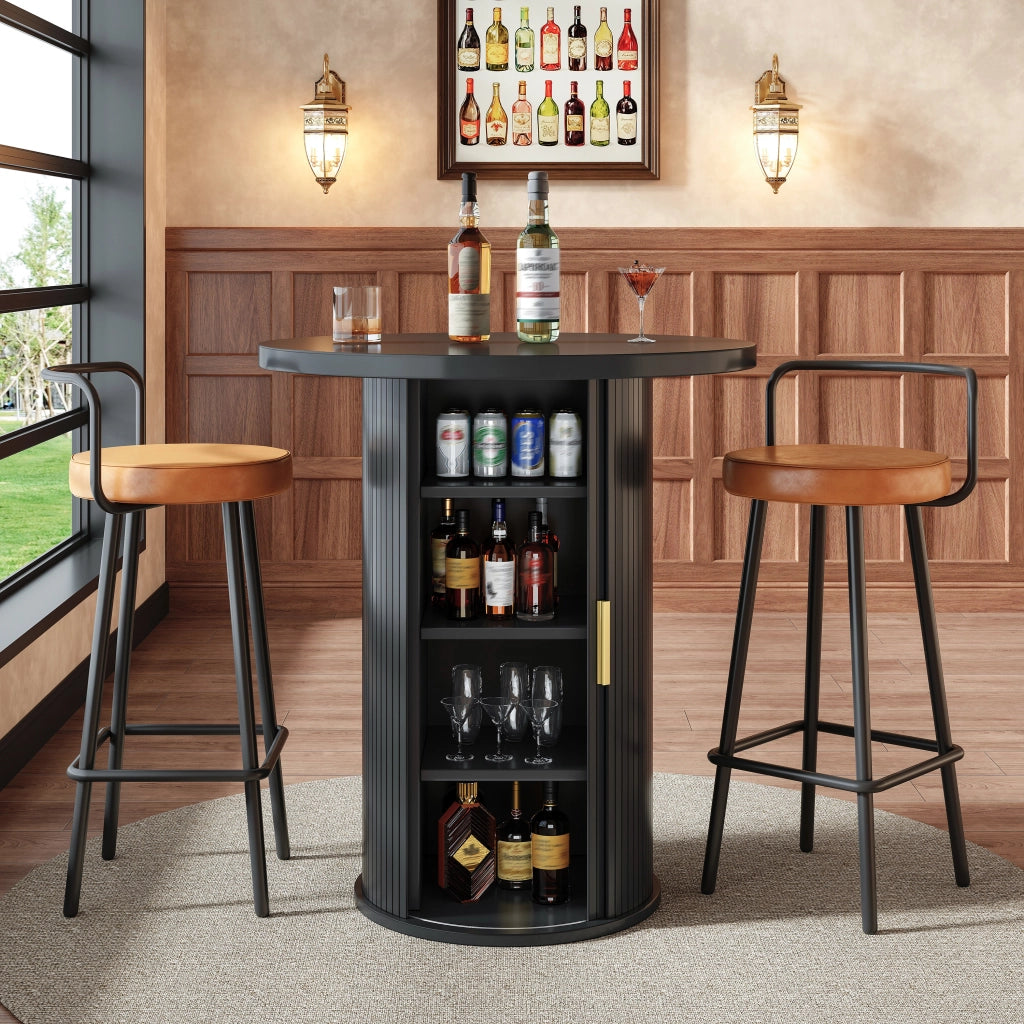 Set tavolo bar rotondo con 2 sgabelli, spazio contenitore e sedute ergonomiche in MDF e metallo nero per casa
