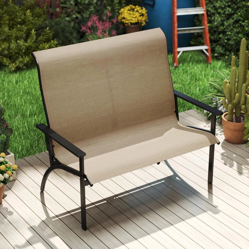 Panca giardino esterno a 2 posti, sedia Adirondack in Textilene con carico di 400 kg, panca di terrezza con schienale alto e braccioli per patio, balcone, 81 x 120 x 106 cm