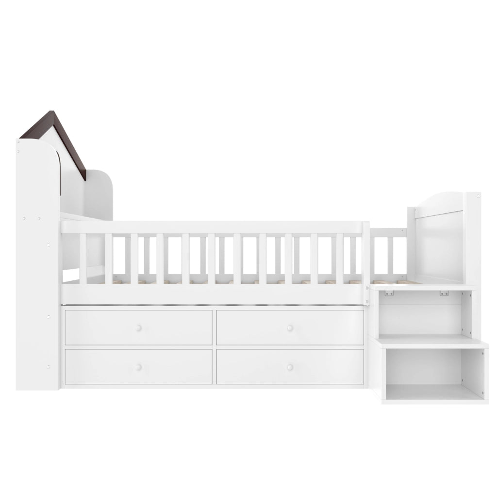 Letto semialto per bambini 90x200 cm a casetta con LED, scala contenitore e cassetti, bianco