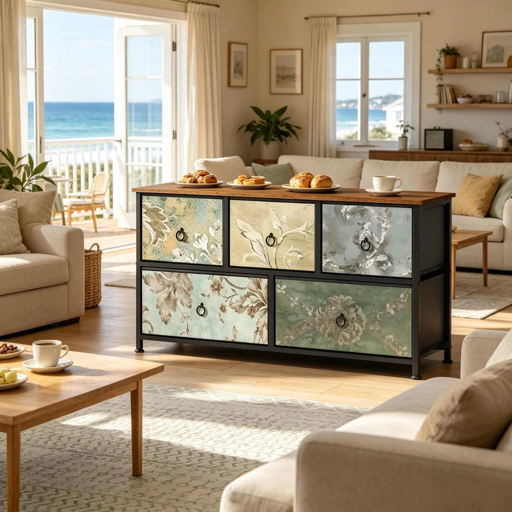 Mobile contenitore con 5 cassetti in tessuto, struttura in MDF e metallo, per camera da letto e ingresso, 100 × 30 × 54 cm