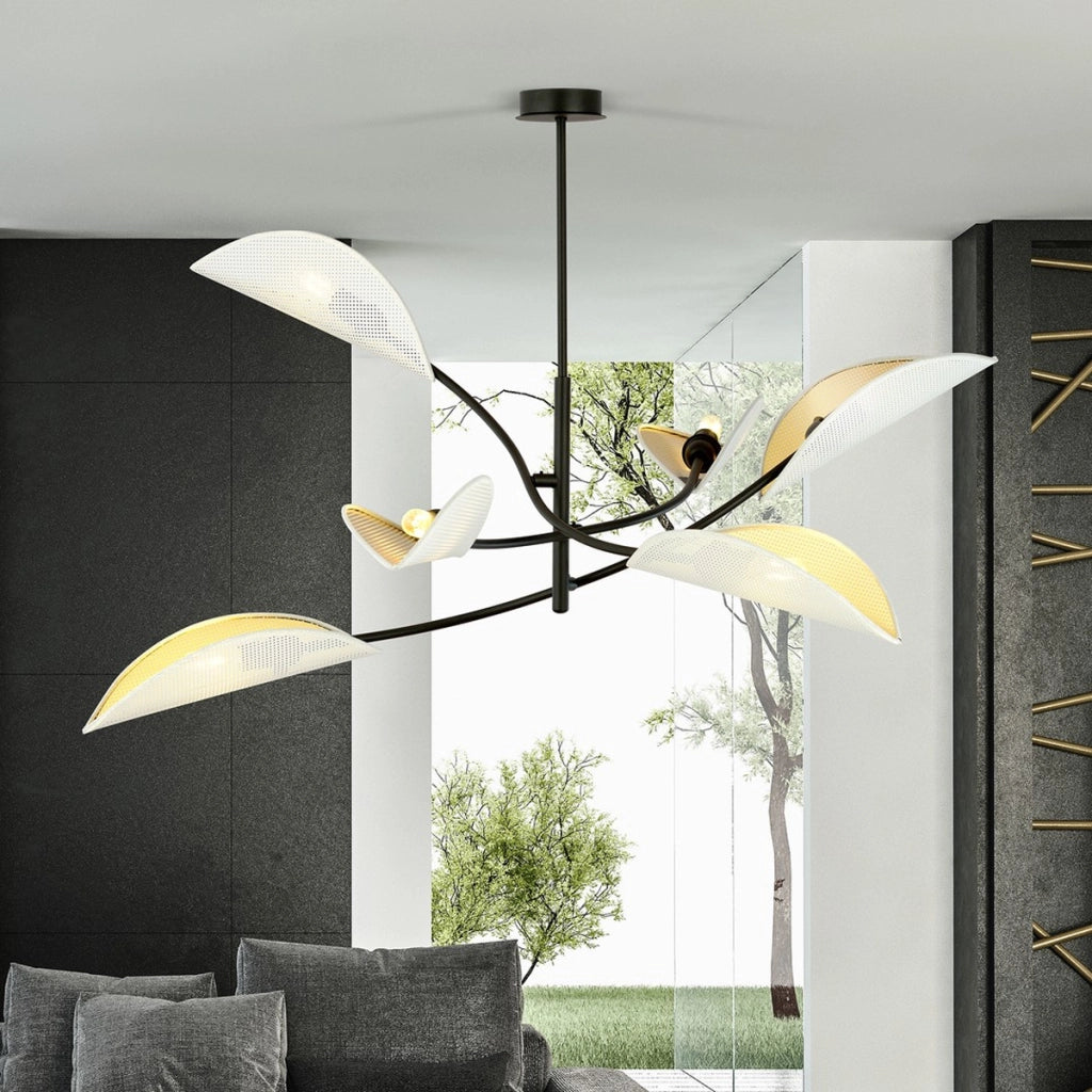 Lampada a sospensione Lotus in acciaio nero con paralumi a forma di foglia