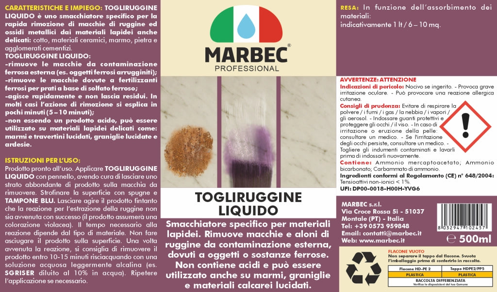 Rimuovere ruggine TOGLIRUGGINE LIQUIDO   500MLx6Pz