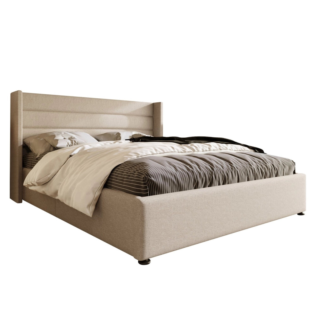 Letto matrimoniale contenitore 160x200 cm con testiera imbottita in lino; beige