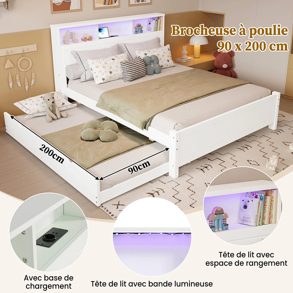 Letto a castello-Xylo-120x200+90x190 cm-LED, USB, contenitore, pino, bianco