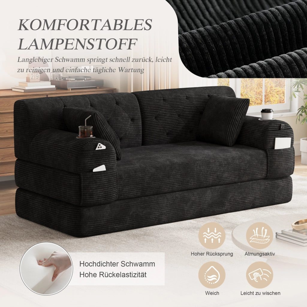 DIVANO LETTO 2 POSTI 168x80x81 cm in corduroy nero, con 4 tasche e 2 portabicchieri