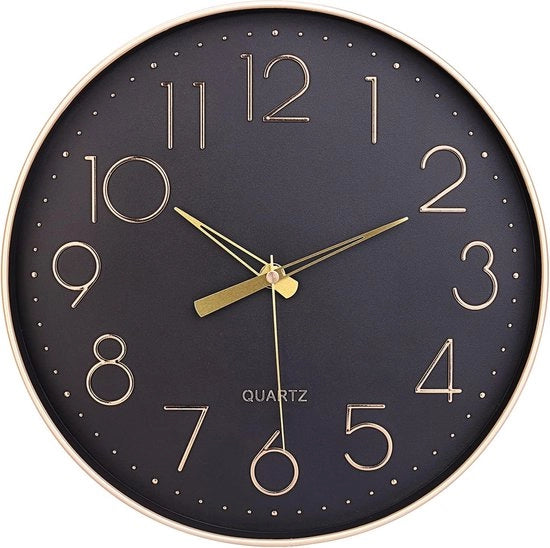 Orologio da parete nero 30,5 cm - Silenzioso, orologio rotondo senza tic con cifre dorate per soggiorno, camera da letto e cucina