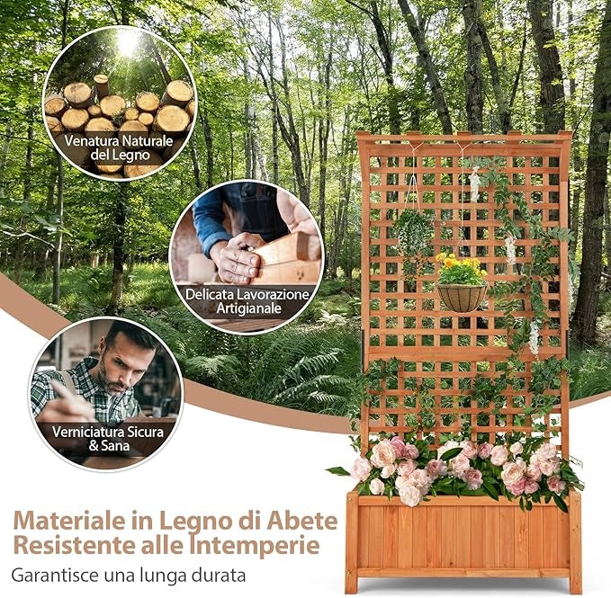 Fioriera da Esterno con Grigliato e Tettuccio, Fioriera in Legno da Interno Esterno con Fori di Scarico, Vaso con Spalliera per Piante Rampicanti Viti Fiori