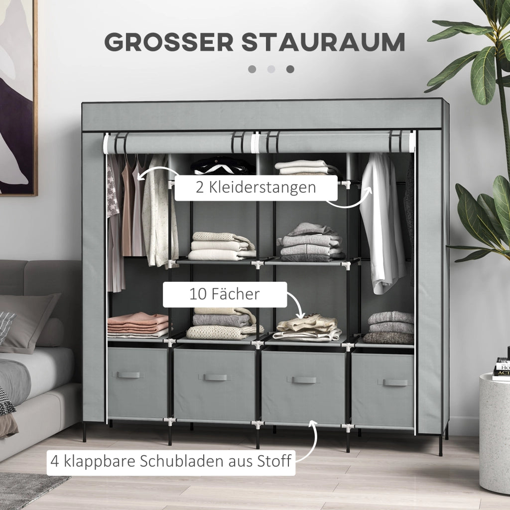 Armadio con 2 aste appendiabiti, 4 cassetti in tessuto e 10 vani, grigio scuro, per camera da letto, 166 × 42,5 × 169,5 cm