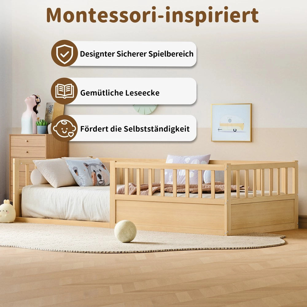 Letto Montessori Singolo in Legno di Pino ¨C MINIMAL ¨C 90x200, con Rete a Doghe e Sponda