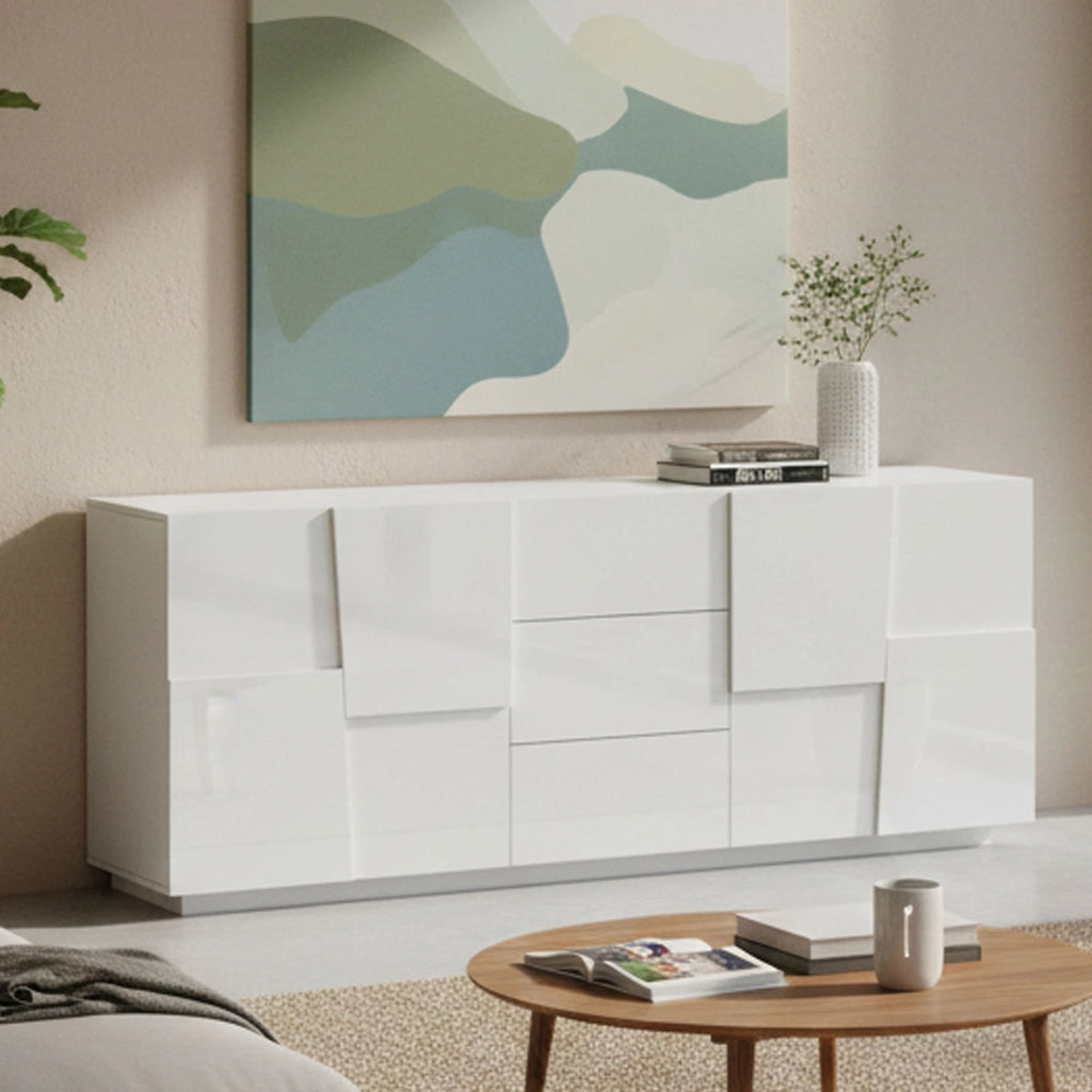 Credenza Astel, Buffet da soggiorno, Madia da salotto con 4 ante e 3 cassetti, 220x44h86 cm, Bianco lucido