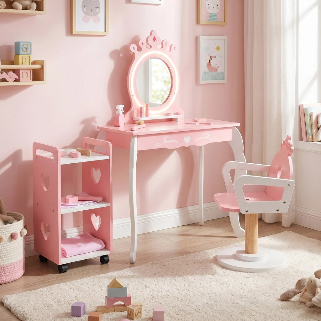 Set tavolo parrucchiere e sedia girevole per bambini 3+ anni, Toeletta trucco con specchio rimovibile con luci Rosa