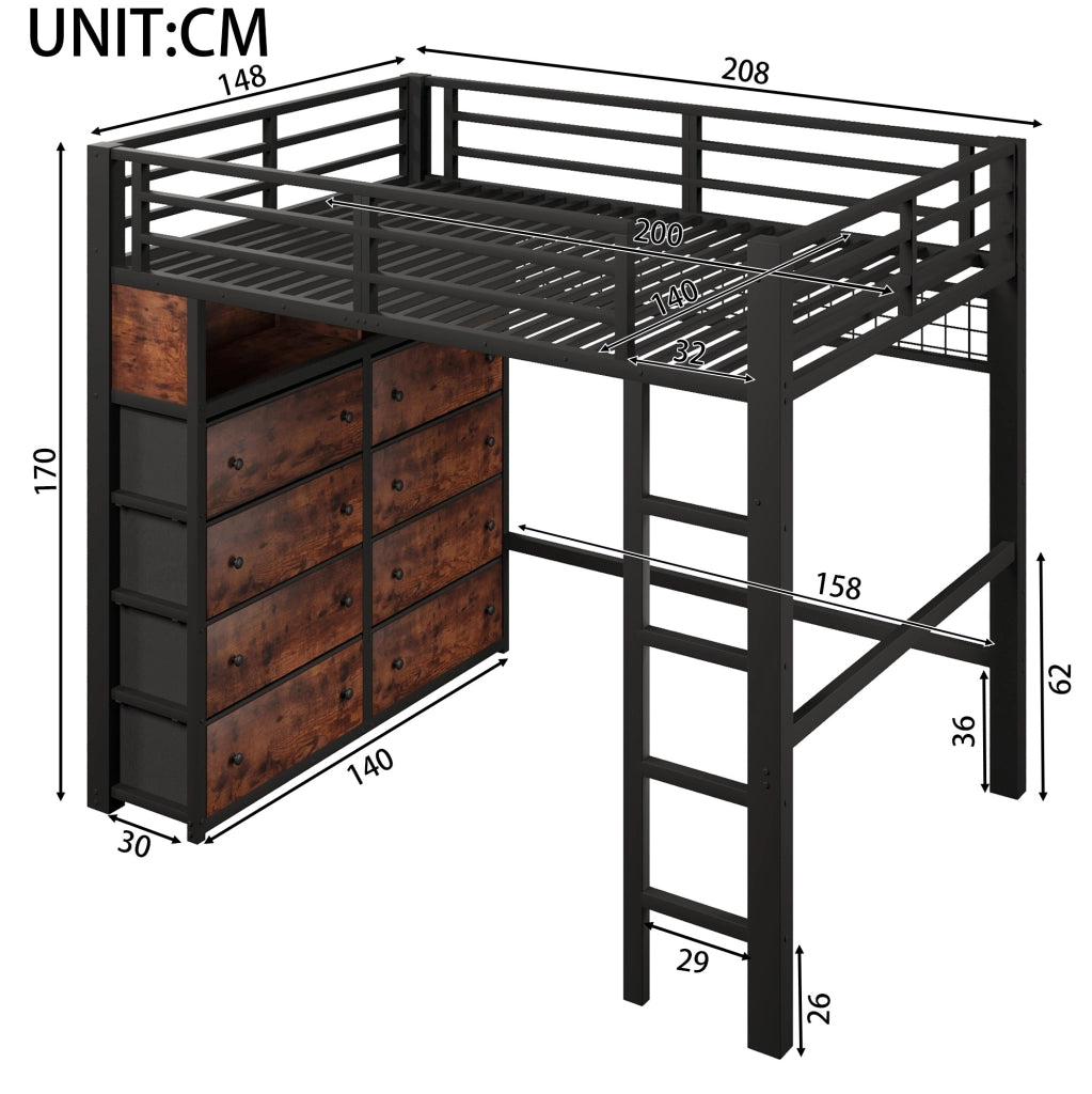 Letto a soppalco 140x200 cm con 8 cassetti; illuminazione LED; metallo e MDF; nero