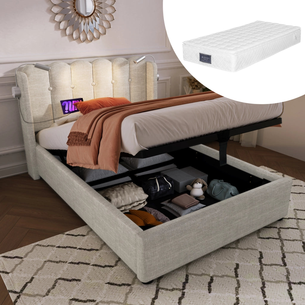 LETTO Contenitore 90x200 cm in lino beige con materasso incluso, luce da lettura e USB