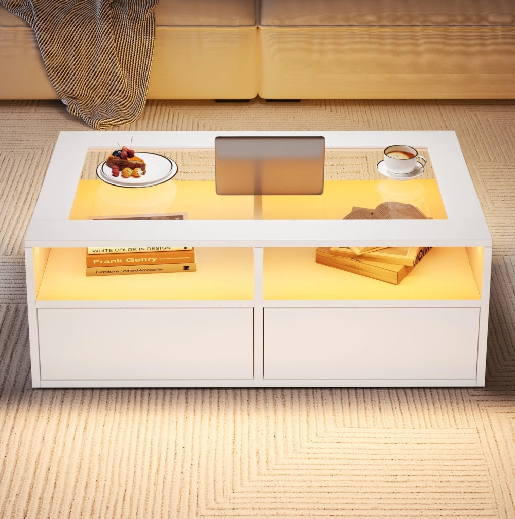 Complemento d’arredo moderno con piano in vetro, LED e pratico spazio contenitivo
