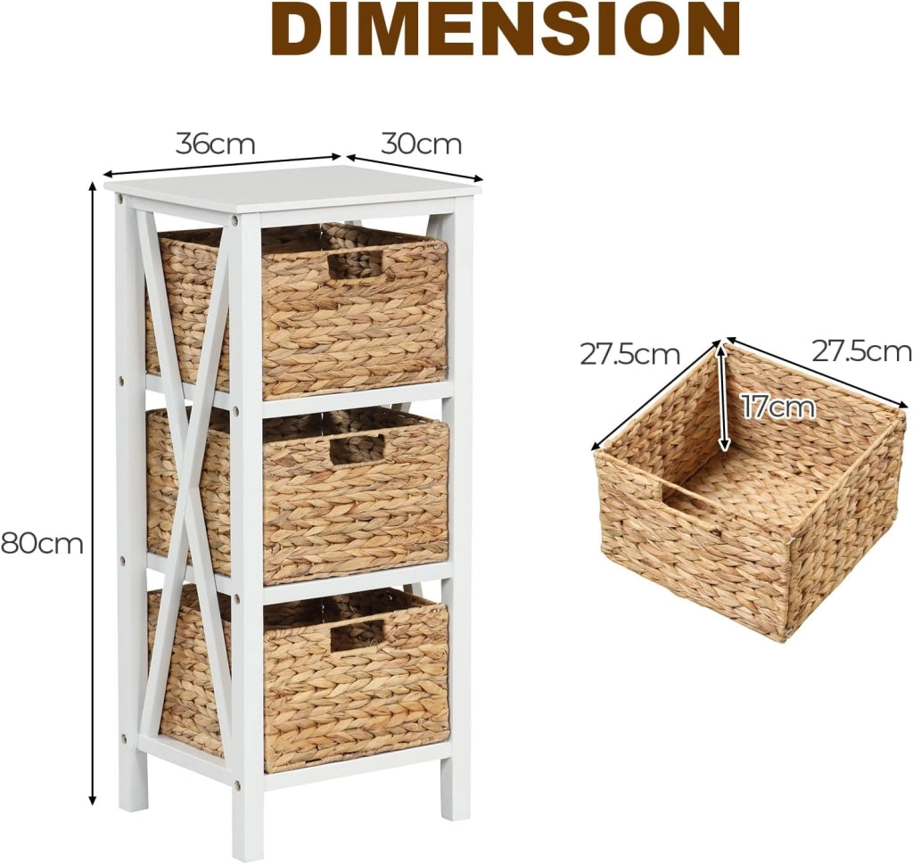 Comodino con cesto portaoggetti, tavolo da notte, stile fresco, tavolino da pranzo, design rinforzato a X (set di 2, 3 ripiani con 3 cestini, 36 x 30 x 80 cm)