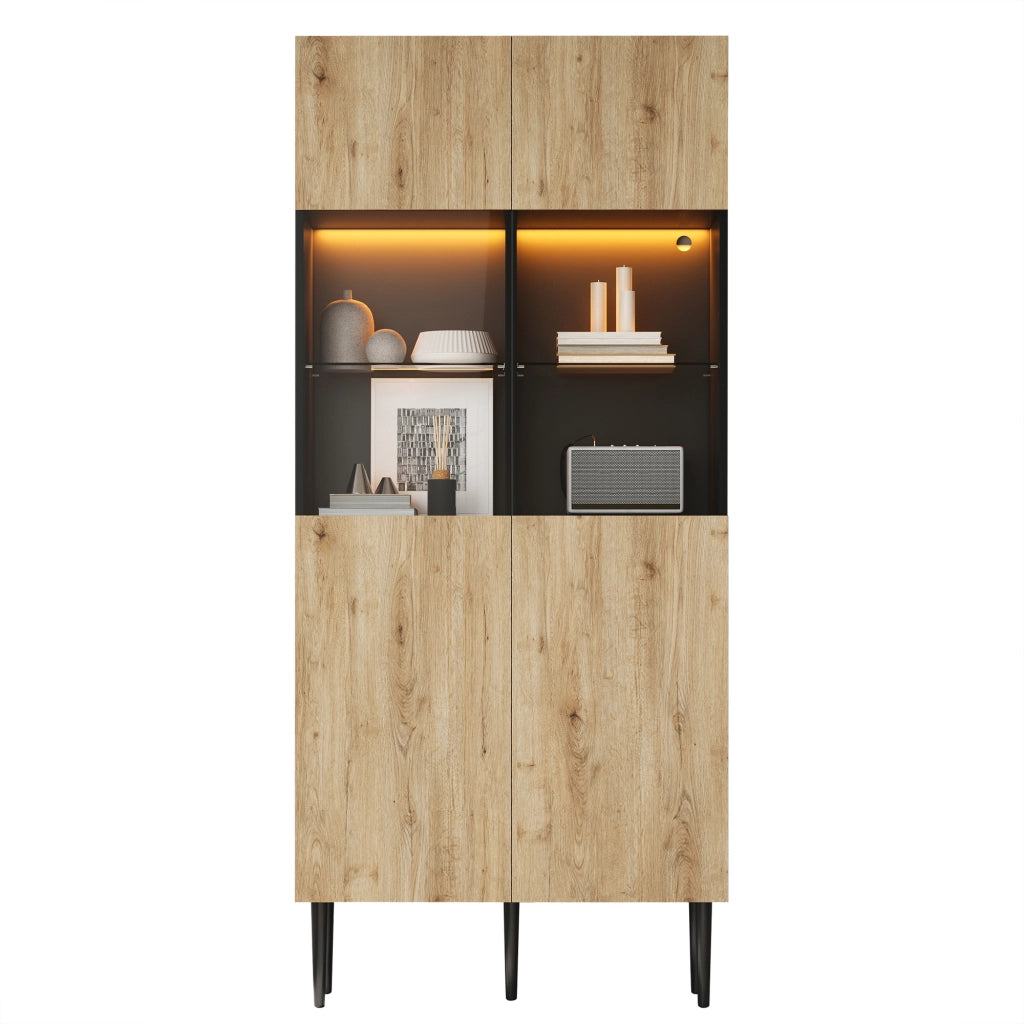 Vetrina con 2 ante e 10 vani; LED - per soggiorno - 80x35x180 cm - nero e naturale