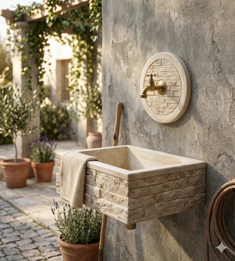 Lavello Rettangolare da Esterno 45x35 cm con Rosone Installazione a Muro in Cemento Mattone Faccia a Vista Meseta