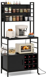 Scaffale da cucina con stazione di ricarica, scaffale per microonde con ripiani aperti, armadio e portabottiglie per 9 bottiglie e 4 ganci, scaffale industriale con telaio in metallo, scaffale