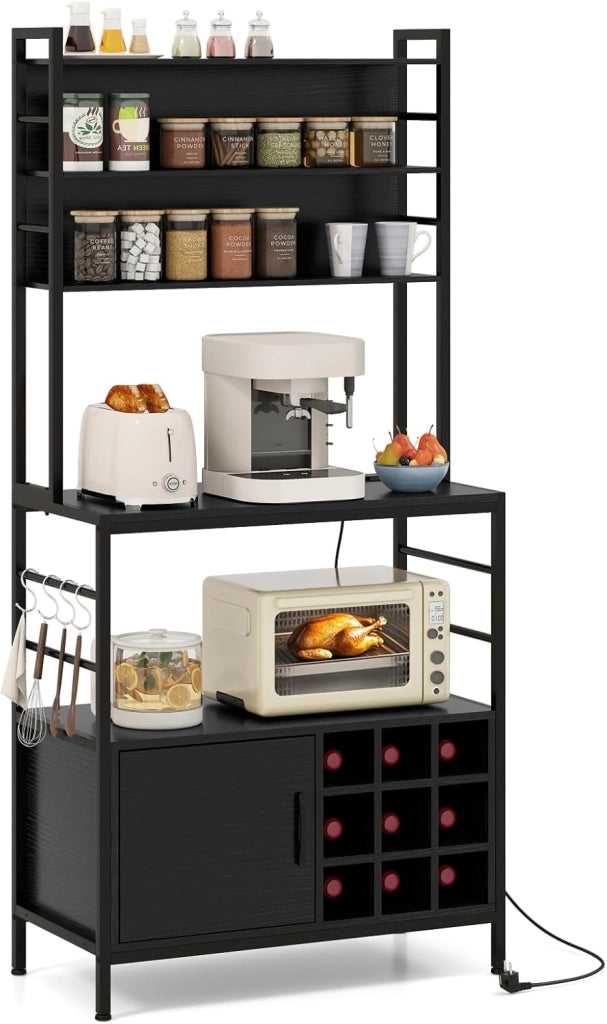 Scaffale da cucina con stazione di ricarica, scaffale per microonde con ripiani aperti, armadio e portabottiglie per 9 bottiglie e 4 ganci, scaffale industriale con telaio in metallo, scaffale