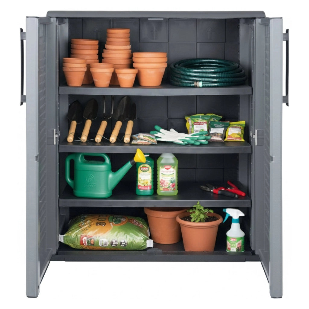 Mobiletto multiuso da esterno o Amordel, Armadio basso a 2 ante e 3 ripiani in polipropilene, 100% Made in Italy, cm 68x37h84, colore Grigio
