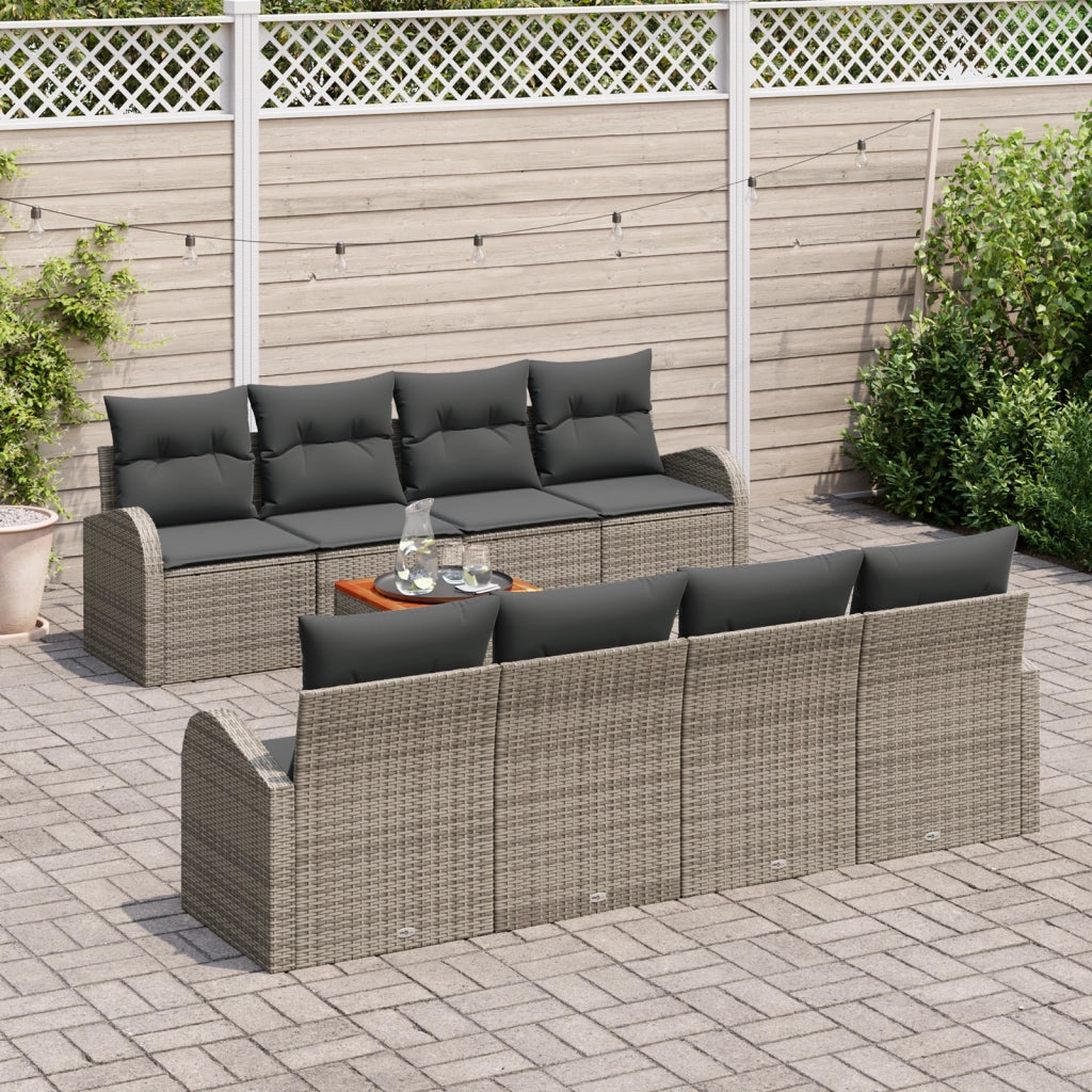 Set di Divani da Giardino 9 Pezzi con Cuscini Grigio Rattan Polietilene Acacia