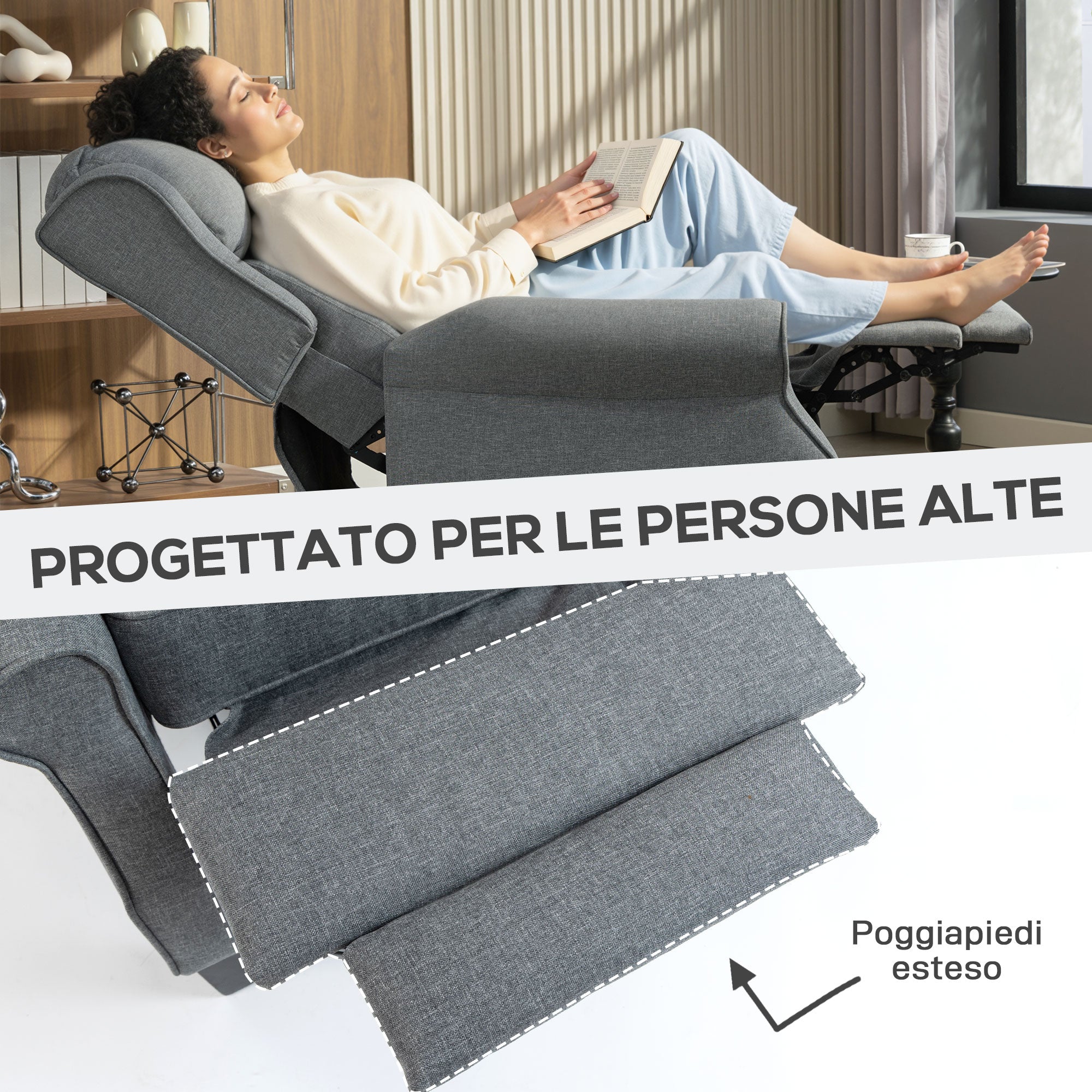 Poltrona Reclinabile 132° Max 74x84x102 cm in Tessuto Effetto Lino con Poggiapiedi Grigio