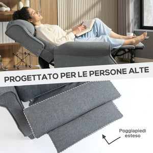 Poltrona Reclinabile 132° Max 74x84x102 cm in Tessuto Effetto Lino con Poggiapiedi Grigio