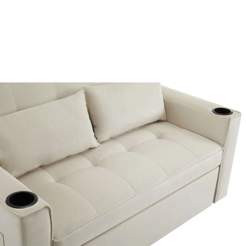 Divano letto multifunzione con portabicchieri e tasche in velluto beige
