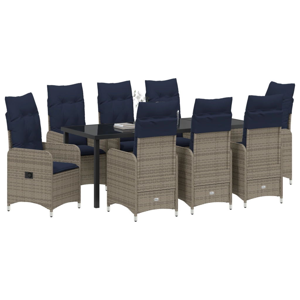 Set da Pranzo da Giardino 9 Pezzi con Cuscini Nero Polyrattan