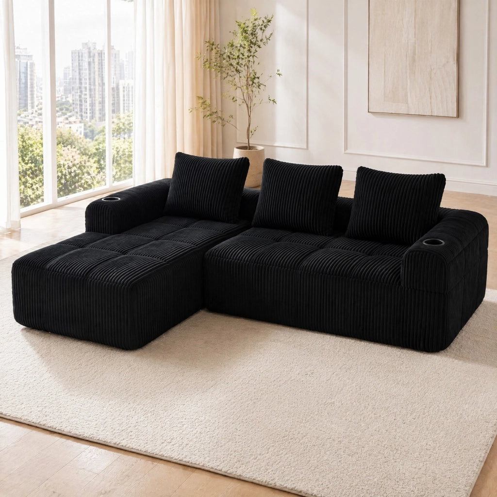 Sofa modulare in corduroy nero con tasche laterali e portabicchieri; 253 x 158 x 61 cm