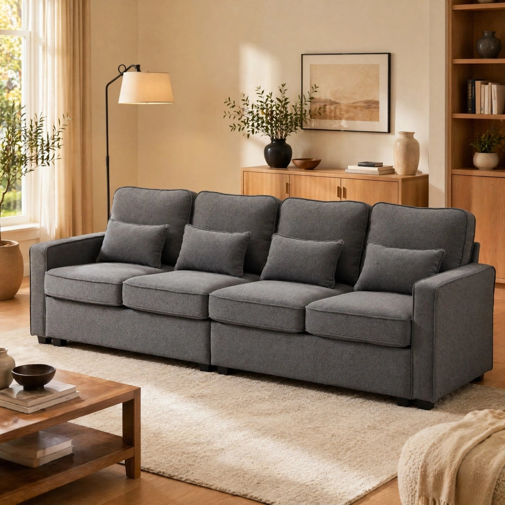 SOFA 4 Posti 264x83x87 cm Tessuto in lino Grigio scuro con 4 cuscini