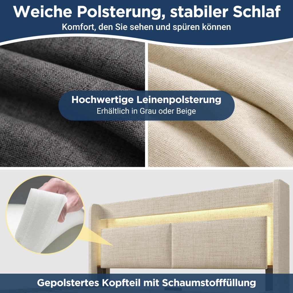 Letto imbottito in lino beige 160x200 vano idraulico testiera con scomparto LED USB