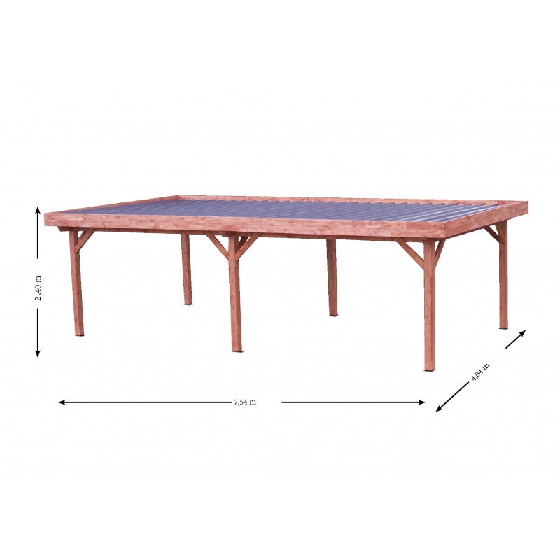 Gazebo da giardino in legno lamellare 372x714 cm – carport con tetto piano in acciaio zincato – 6 pali 120x120 mm – OM3570.0 Foresta