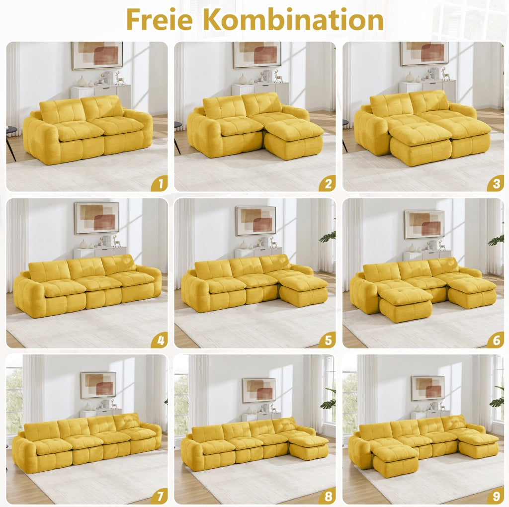 Divano modulare 4 posti in chenille giallo; 334x97x68 cm; seduta ampia e profonda