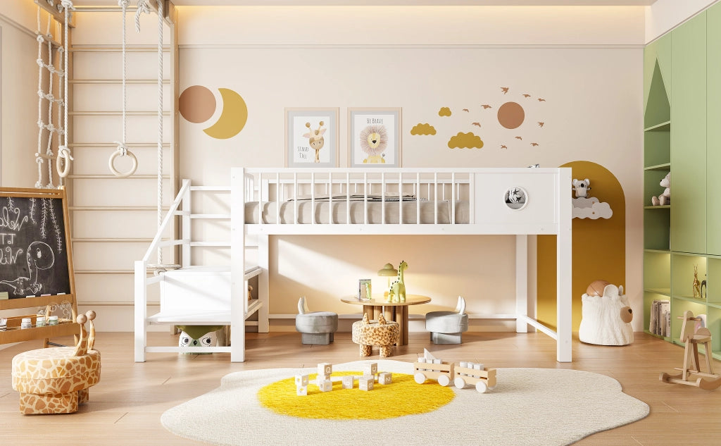 DESMIU Letto a soppalco per bambini 90 × 200 cm con scala contenitore, senza materasso, metallo bianco