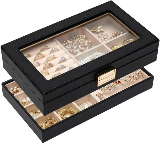 Sistema di Organizzazione per Gioielli con Coperchio in Vetro, Contenitore per Gioielli Stacking con Divisori Rimovibili per la Tavola da Capelli, Idea Regalo per Ragazze e Donne (Nero)