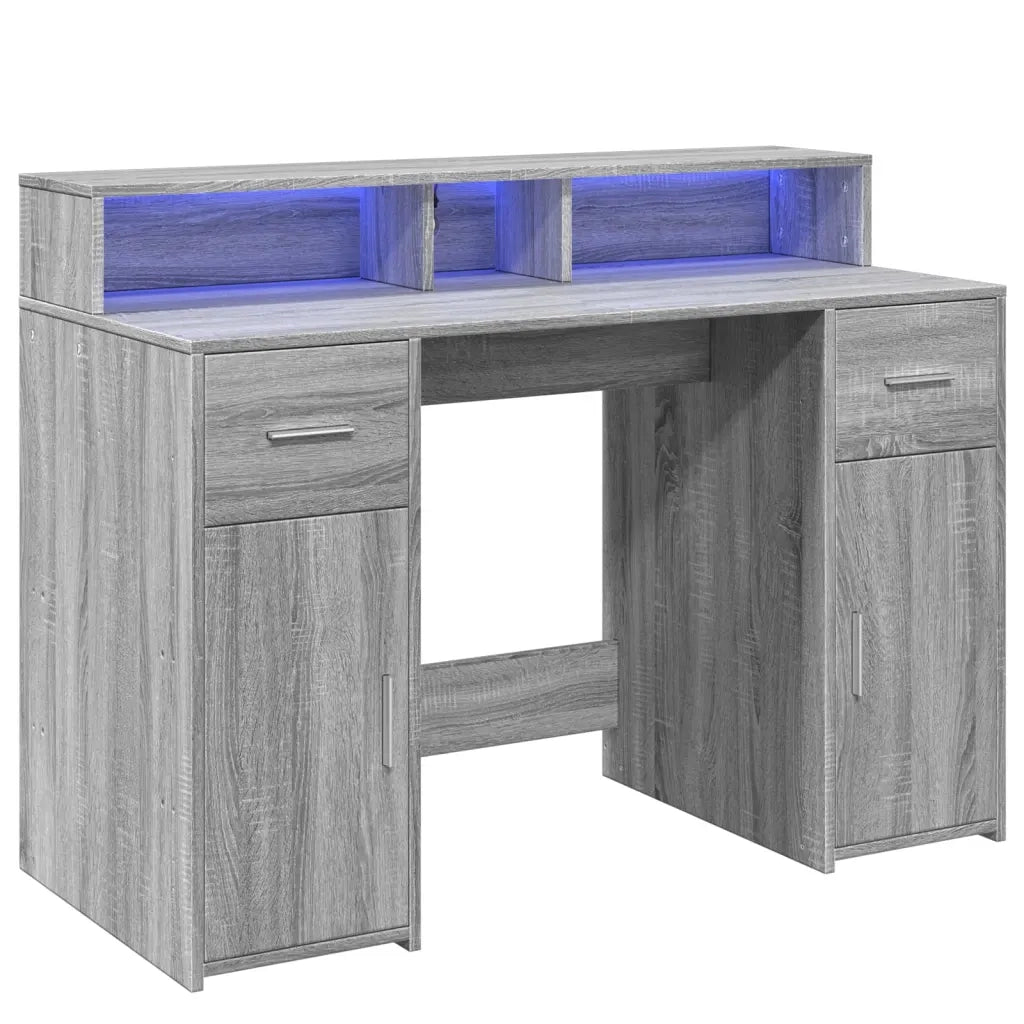 Scrivania | Tavolo da Ufficio con Luci LED Grigio Sonoma 120x55x91cm in Multistrato