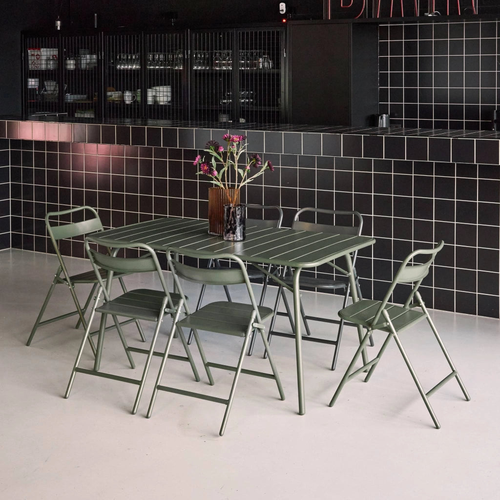 Set tavolo da giardino in acciaio con 6 sedie pieghevoli, 140cm, verde