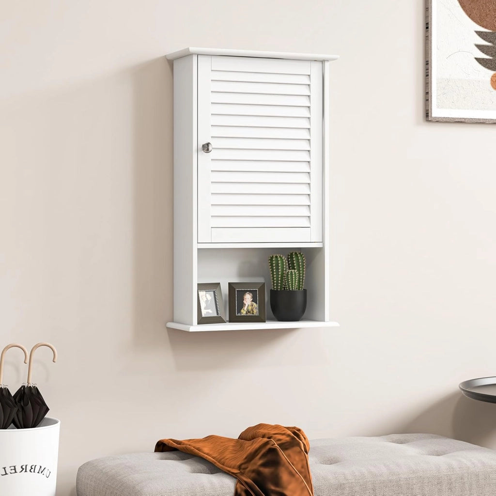Armadio da Bagno a Parete con Porta, 2 Ripiani Regolabili e Scomparto Aperto, Armadio in Legno a 3 Livelli, Mobile Multiuso per il Bagno, Cucina, Ingresso, 42x17x70 cm (Bianco)
